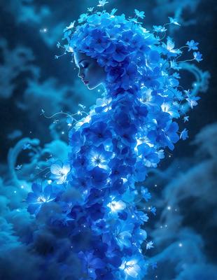 The primary subject of the image is a woman with a blue dress and a flower crown on her head. She is surrounded by a blue and white floral background, which adds to the overall mood of the scene. The visual style of the image is a combination of digital art and illustration, creating a surreal and dreamy atmosphere. The dominant colors in the image are blue and white, which contribute to the serene and peaceful mood of the scene.